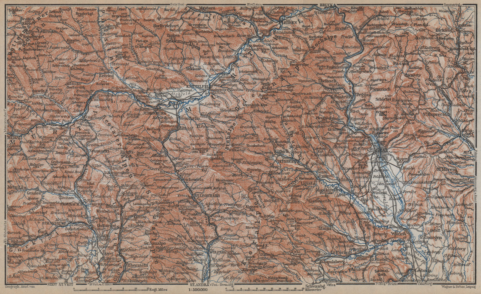 STYRIAN & CARINTHIAN ALPS. Murau Graz Murtal Leoben Wolfsburg. Austria 1929 map